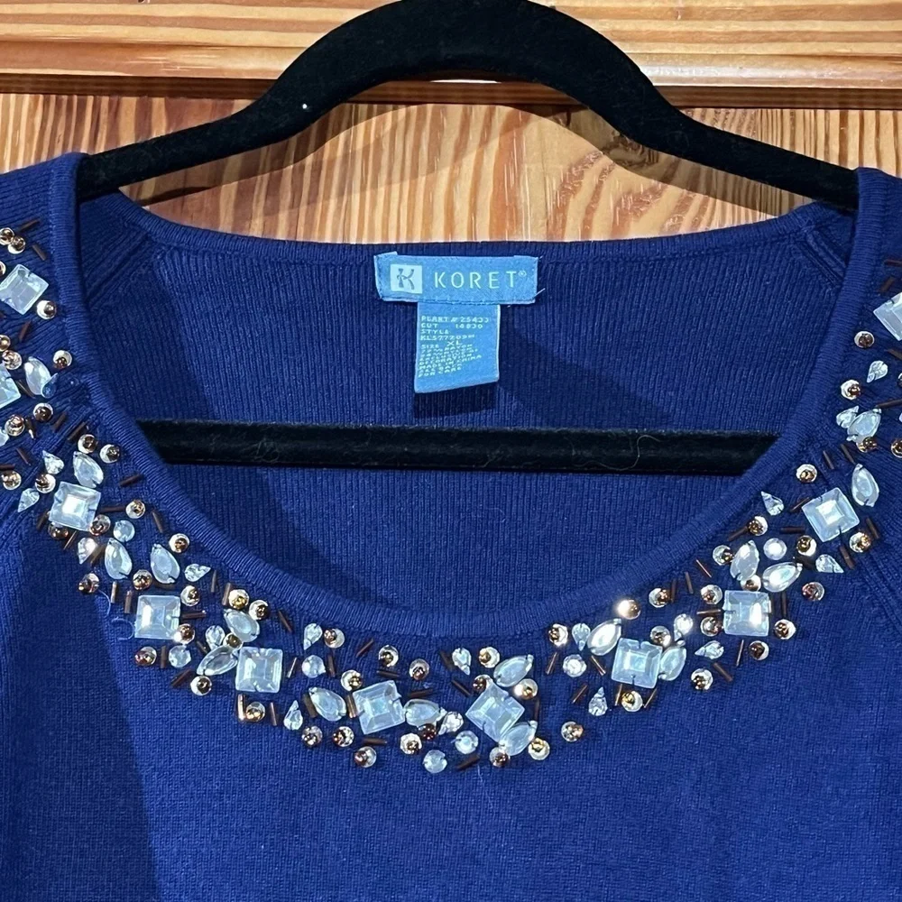 Vintage Koret Embellished Jeweled Neck Cobalt Blue 3/4 Sleeve Knit Sweater